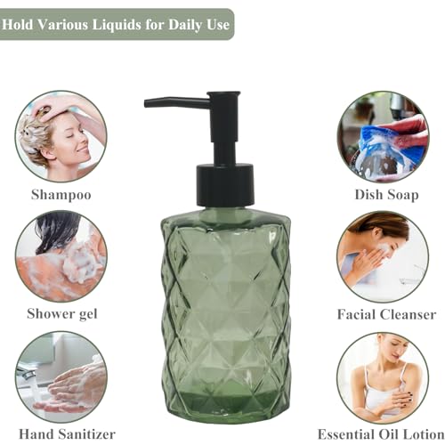 Green Glass Soap Dispenser, 12oz Bathroom Hand Dispenser, Lotion Dispenser with Black Plastic Pump for Modern Home Decor, Kitchen Countertop, Hotel - color: Army Green