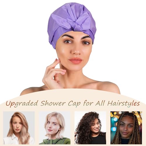 Shower Cap for Women Reusable Waterproof, Large Satin Shower Bonnet, Washable Bath Hat for Long Hair, Braids, Curly Hair, Black+Purple - color: Black + Purple