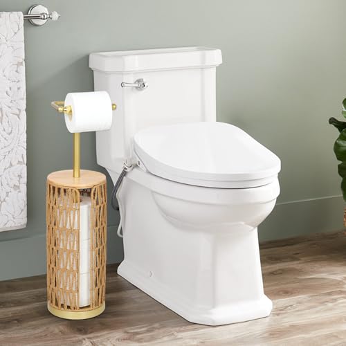 Trongee Freestanding Toilet Paper Holder with Storage,3 Rolls of Boho Toilet Paper Holder Stand with Lid,Gold Toilet Tissue Holder Stand Rattan Paper Storage Wicker Toilet Roll Holder Basket - color: U-gold