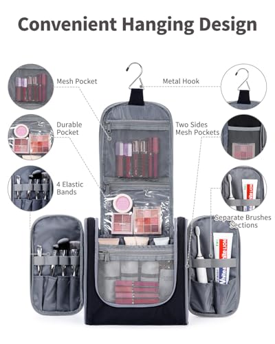 Narwey Hanging Toiletry Bag for Women Travel Makeup Bag Organizer Toiletries Bag for Cosmetics Essentials Accessories (Large, Black) - color: AB-Black, size: Large