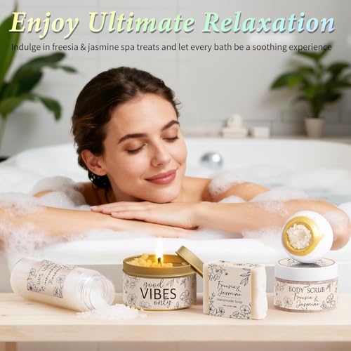 Spa Gifts for Women Bath Gift Set, Freesia & Jasmine Spa Gift Basket Home Bath Set Self Care Kit Care Package Thank You Birthday Mothers Day Easter Gifts for Women Her Mom Friend Sister Teen Girl Wife - color: Beige-Freesia & Jasmine