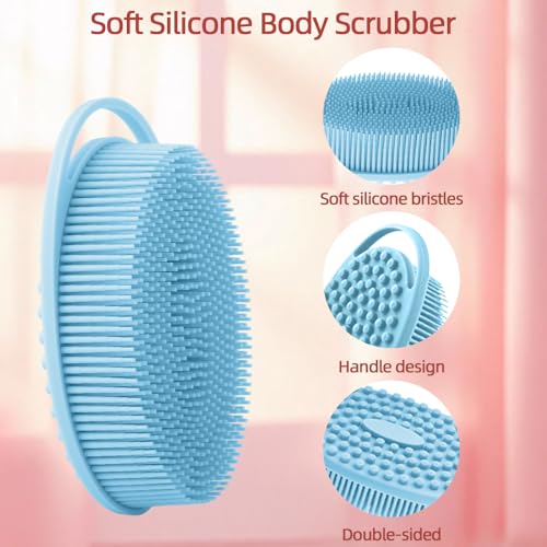 Silicone Body Scrubber 2 Pcs Silicone Loofah Exfoliating Body Scrubber for Men Women Soft Silicones Shower Scrubbers Double Sided Silicones Bath Bodys Brush for All Skin Lather Well, Blue and Black - size: blue+black