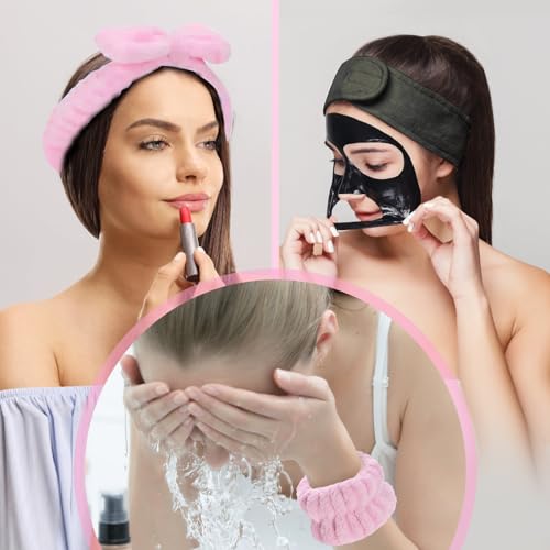 Spa Gift Set: Bubble Headband, Face Wash Headband, Skin Care Wristbands for Ladies and Women - color: Pink