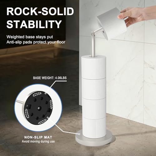Free Standing Toilet Roll Holder Bathroom Storage, Rotatable Toilet Paper Holder Stand with Shelf, Brushed Nickel Floor Toilet Paper Rack Storage - color: Brushed Nickel