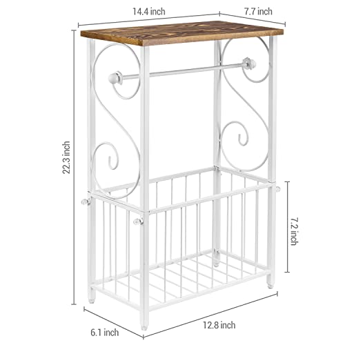 MyGift Toilet Paper Holder Stand with Shelf, Bathroom Table Stand Storage with Magazine Holder Basket, Scrollwork Design, White Metal - color: White
