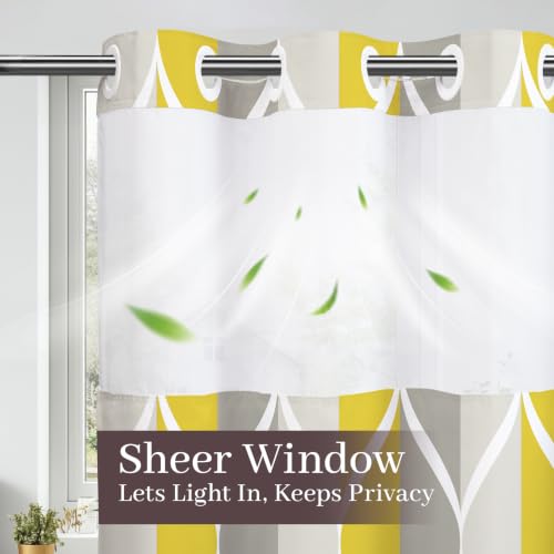 Yiatn Gray Yellow No Hook Shower Curtain with Liner Attached - Hotel Style with See Through Mesh Top Window, Modern Geometric Waterdrop Design,Waterproof and Washable, 71x74 INCH - color: Gray Yellow, size: 71"W x 74"L (Pack of 1)