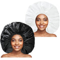 Super Jumbo Shower Cap 2 PCS Waterproof Shower Caps for Women, Extra Large Shower Cap, Reusable Super Large Bath Caps Hair Cap for Long Thick Curly Hair, Locs, Twist Braids - Black + White - color: Black + White