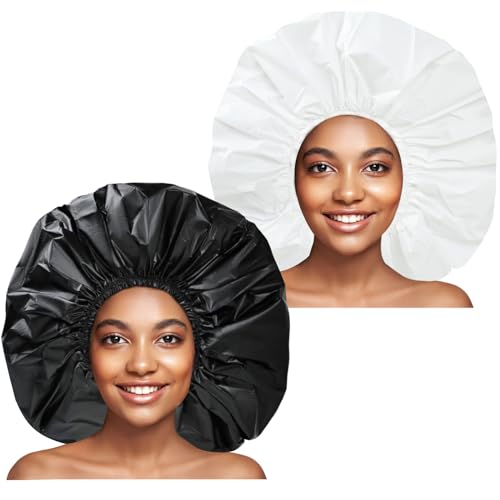 Super Jumbo Shower Cap 2 PCS Waterproof Shower Caps for Women, Extra Large Shower Cap, Reusable Super Large Bath Caps Hair Cap for Long Thick Curly Hair, Locs, Twist Braids - Black + White - color: Black + White