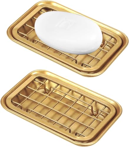Kitchen and Bathroom Soap Dish Tray - Metal 2-Piece Soap Dish Tray with Drainage Grid and Holder for Kitchen Sink Countertops to Store Soap, Sponges, Scrubbers - Rust Resistant (2 Pack, Gold) - color: Gold