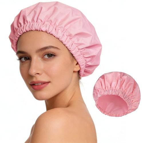 Shower Cap for Women Reusable Waterproof, Large Bath Cap with Elastic Band, Hair Caps for Long Hair and Braids, Pink - color: Pink