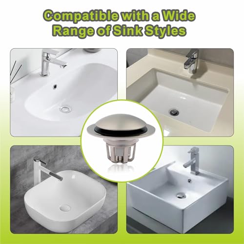 2 Pack Pop Up Sink Drain Stopper,Brushed Nickel Bathroom Sink Stopper with Hair Catcher and Anti-Clog Strainer,Glimflorus Universal 2-in-1 Drain Stopper for 1 1/8"-1 1/2" Drain Holes - color: Brushed Nickel-2