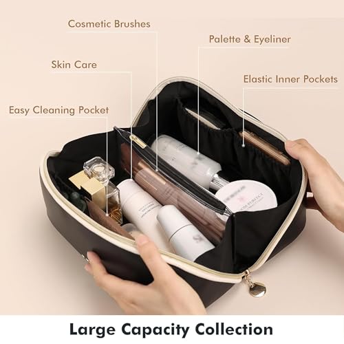 Prite Makeup Bag for Women Travel Waterproof Vegan Leather Cosmetic Bag Open Flat Toiletry Bag With Clear Divider and Handle (Black, Large) - color: Black, size: Large