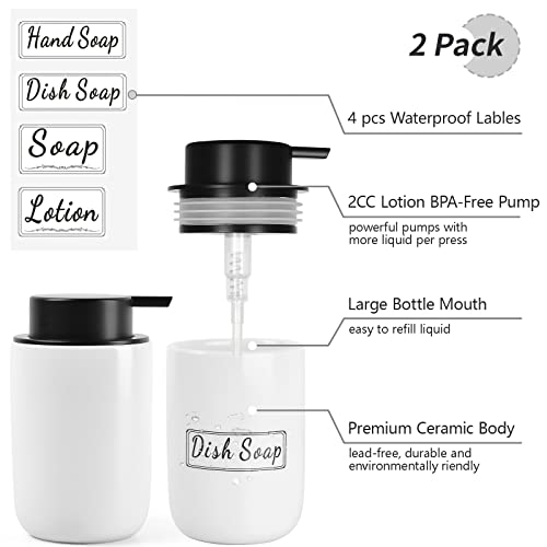 BosilunLife White Soap Dispenser Set - 2 Pack 12oz Ceramic Dish Soap Dispenser with Rust Proof Pump for Kitchen, Hand Soap and Lotion Set Suitable for Farmhouse Bathroom Decor with Waterproof Labels - color: White-liquid Pump