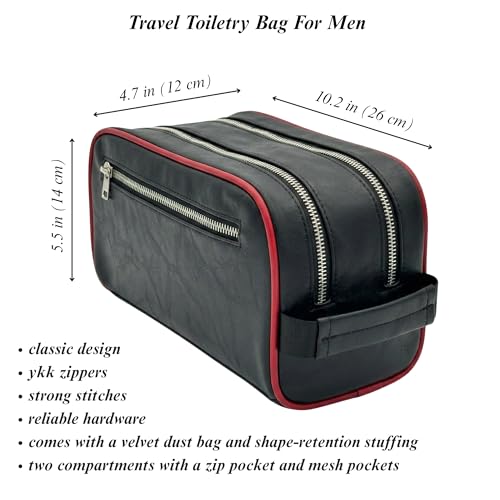 Men's Toiletry Travel Bag, Premium PU Leather Travel Kit, Metal Zippers & Bottom Studs, Velvet Dust Bag & Shape-Retention Packaging/Gift Ready For Groomsmen, Anniversary, Birthday Gifts BLACK/BURGUNDY - color: BLACK/BURGUNDY