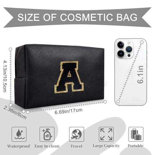 Personalized Initial A-Z Preppy Patch Makeup Bag,Small PU Chenille Letter Cosmetic Bag with Zipper for Teen Girls,Black Cute Toiletry Organizer Bag,Monogram Makeup Case Gift for Women Girls,Letter A - color: Black,Black-Letter, size: A