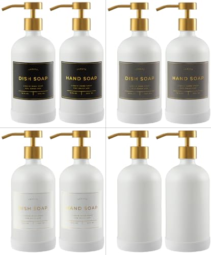 Hand and Dish Soap Dispenser for Kitchen and Bathroom, Set of 2 16 Oz Glass Bottles, Stainless Steel Pumps, Non-Slip Silicone Base, 27 Waterproof Labels (Matte White Bottle/Brushed Gold Pump) - color: Matte White Bottle / Brushed Gold Pump