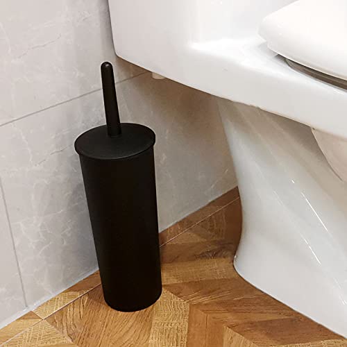 Casaphoria Compact Freestanding Plastic Toilet Bowl Brush and Holder for Bathroom Storage and Organization - Space Saving, Sturdy, Deep Cleaning, Covered Brush - Black - style: Short_handle