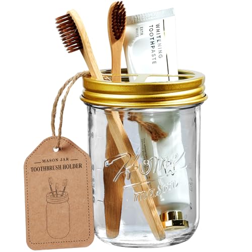 SheeChung Mason Jar Toothbrush Holders, Glass Toothbrush Holders for Bathroom, Bathroom Essentials, Mason Jar Bathroom Accessories Set, Bathroom Countertop Organizer-Gold - color: Gold