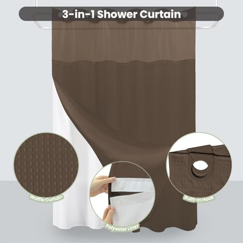 Inhousolu No Hook Shower Curtain with Snap-in Fabric Liner, Waffle Weave 230 GSM Polyester, Weighted Hem, Water Repellent Washable, Mesh Top Window 72" W x 72" L Brown - color: Brown, size: 72"W x 72"L (Pack of 1)
