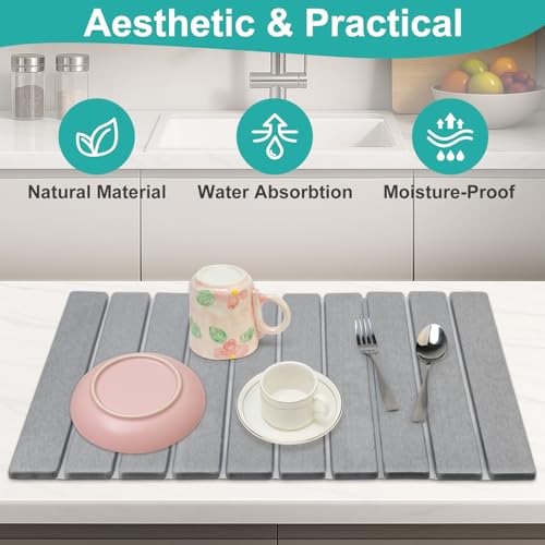 Large Stone Dish Drying Mat for Kitchen Sink Countertop Dish Drainer Diatomaceous Earth Mat Collapsible Dishes Rack Drying Tray Water Absorbent Quick Draining Pads Fast Foldable Bathroom Drying Mats - color: Light Gray