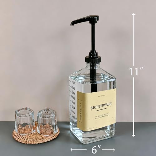 eBun Black Mouthwash Dispenser Set, 37oz Glass Bottle with Pump & Cups | Large capacity pump dispenser for bathroom. Includes glass mouth wash bottle & matching cups for stylish daily oral care - color: Black