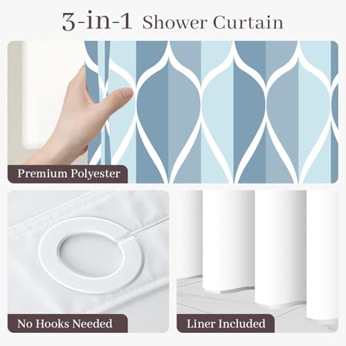 Yiatn Light Blue Hook Free Shower Curtain with Snap in Liner - Hotel Style with See Through Mesh Top Window, Modern Geometric Waterdrop Design,Waterproof and Washable,- 71x74 INCH - color: Light Blue, size: 71"W x 74"L (Pack of 1)