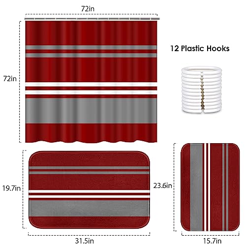 ArtSocket Red Bathroom Set with Shower Curtain and Rugs and Accessories, Burgundy Stripes Grey Shower Curtain Set, Modern Boho Bathroom Decor 3 Pcs - color: Modern 11