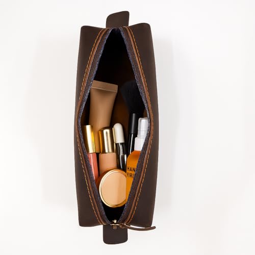 Genuine Leather Toiletry Bag for Men & Women – Travel Bathroom Organizer Kit, Makeup & Cosmetic Pouch, Compact Dopp Kit with Heavy-Duty Zipper, Handmade Dark Brown Travel Case