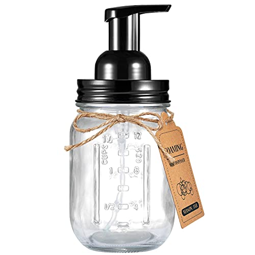 SheeChung Mason Jar Foaming Soap Dispenser-Rustproof Stainless Steel Lid & Foaming Soap Pump, Refill Foam Hand Soap Dispenser Glass for Bathroom Kitchen Vanities, Countertops-Black (1 pk) - color: Black