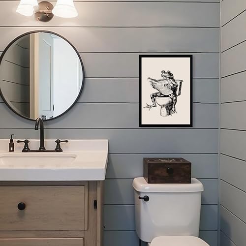 Urmoya Funny Frog on Toilet Bathroom Decor Framed Wall Art 12x16 in | Wood frame, Frog reading newspaper print, Humor decor, Canvas wall art, Ready to hang, for bathroom or restroom - color: Frog, size: 16"L x 12"W