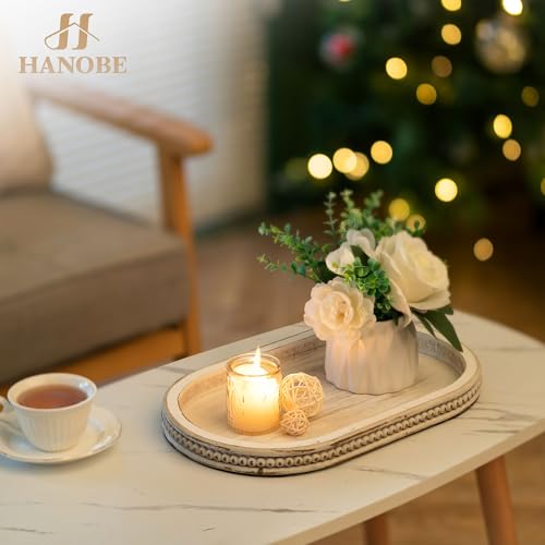 Hanobe Decorative Trays for Coffee Table : White Oval Centerpiece Tray Wood for Farmhouse Entry Table Decor Round Bathroom Tray for Living Room Kitchen Counter - color: Oval Whitewash