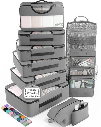 Veken 10 Set Packing Cubes for Travel Essentials,Anti-Wrinkle Buckled Suitcase Organizer for Shoe & Toiletry Bag,Carry On Luggage Bag with 99+ Count Mesh Holes for Airplane & College Dorm Accessories - color: 04 Gray