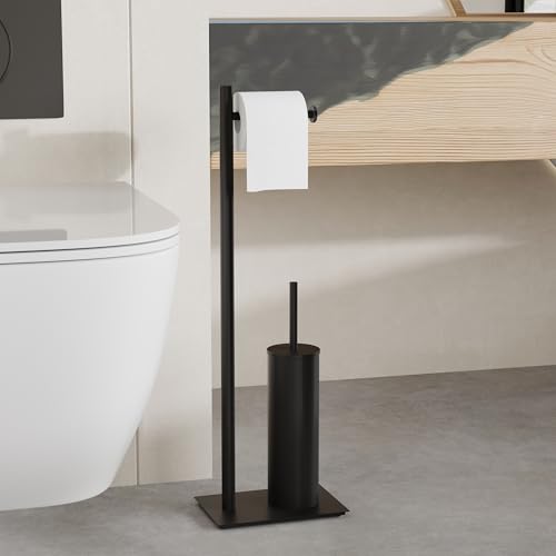 RUACQ Toilet Paper Holder Stand with Toilet Brush and Holder Set, 304 Stainless Steel Bathroom Toilet Tissue Paper Roll Holder Free Standing, Weighted Base, Heavy Duty (Matte Black) - color: Matte Black, size: Free standing