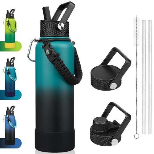 BJPKPK Insulated Water Bottles with Straw Lid, 40oz Large Water Bottle with 3 Lids, Paracord Handle & Non-slip Boot, BPA Free Stainless Steel Metal Jugs,Tumblers,Cups, Army Green & Black - color: Army Green & Black, size: 40 Ounces