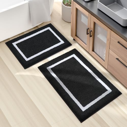 HOMEIDEAS Bathroom Rugs Sets 2 Piece, Super Soft and Absorbent Microfiber Tufted Bath Mats, Non-Slip and Machine Washable Bath Rugs(Black and White) - color: Black