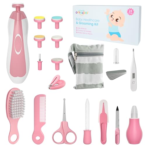 Baby Healthcare and Grooming Kit, 24 in 1 Baby Electric Nail Trimmer Set Newborn Nursery Health Care Set for Newborn Infant Toddlers Baby Boys Girls Kids Haircut Tools (0-3 Years+) (Pink) - color: Pink