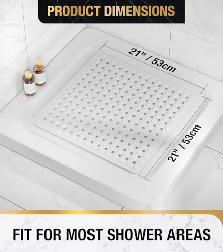 HITSLAM Shower Mat Anti Slip, Square Bath Mat for Tub Non Slip with Suction Cups and Drain Holes, 21x21 Inch Bathroom Shower Stall Floor Mat, Machine Washable, Soft on Feet, White - color: White, size: 21" x 21" (Square)
