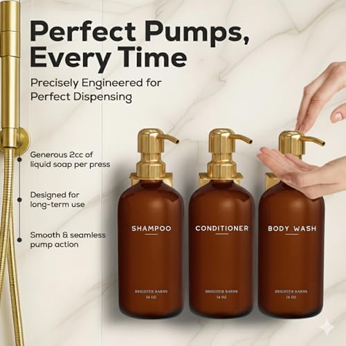 Luxury Shampoo and Conditioner Dispenser Set Wall Mounted by Brighter Barns - Plastic Shower Dispenser Set - 3 Chamber Drill Free Shampoo Bottle - Modern Bathroom Decor for Guest Bathroom (Amber Gold) - color: Amber Gold