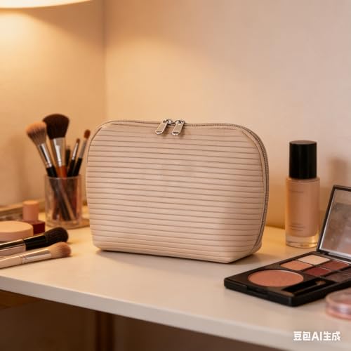 Travel Makeup Bag for Women, Waterproof Stand Up Cosmetic Bag with Brush Holders, Organizer Bag with Compartments, Fold-Down Design for Skincare, Toiletries & Essentials (Camel, Large) - color: Camel, size: Large