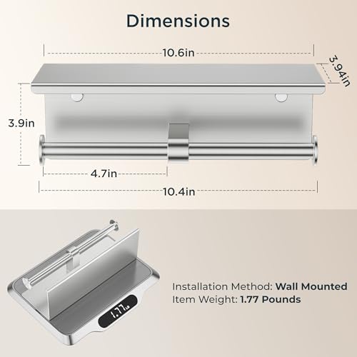 FORIOUS Double Toilet Paper Holder with Shelf, Wall Mount Tissue Roll Holder for Bathroom, 304 Stainless Steel Commercial Toilet Paper Dispensers with Phone Shelf (1, Brushed Nickel) - color: Stainless Steel