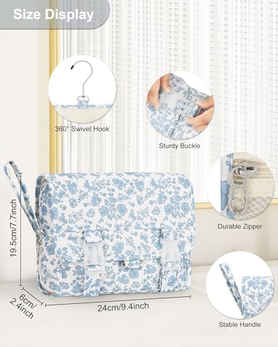 Relavel Small Hanging Toiletry Bag for Men and Women, Portable Hanging Organizer for Travel-Sized Shower Dopp Kit, Waterproof Toiletries Organizer with 3 Compartments for Outdoor - Blue Flower - color: 01 Blue Flower, size: Small