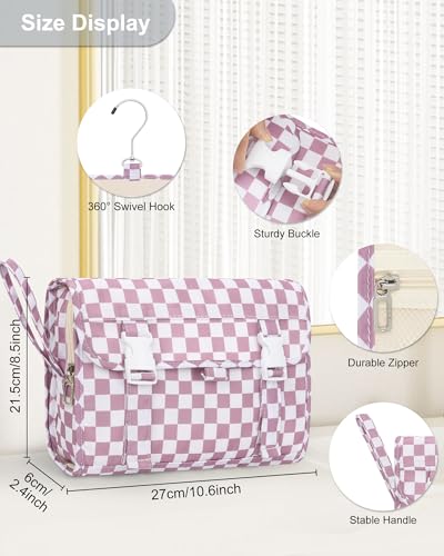 Relavel Hanging Toiletry Bag, Travel Toiletries Bag with Hanging Hook, Water Resistant Makeup Cosmetic Organizer for Full Sized Container, Shampoo, Portable Wash Bag for Essentials - Purple - color: 02 Checkboard Purple, size: Large