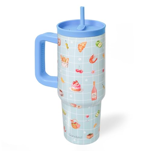 SANDJEST Picnic Stainless Steel Locking Lid Silicone Straw Tumbler with Handle 40oz, Insulated Stainless Steel Travel Cup for Women Girl Friends, Gift Idea for Birthday Christmas - color: Picnic