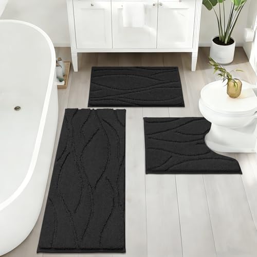 Bsmathom Bathroom Rugs Sets 3 Piece, Soft Non Slip Microfiber Bath Mat and U-Shaped Contour Toilet Rug, Machine Washable Absorbent Shaggy Bathroom Set, Black - color: Black