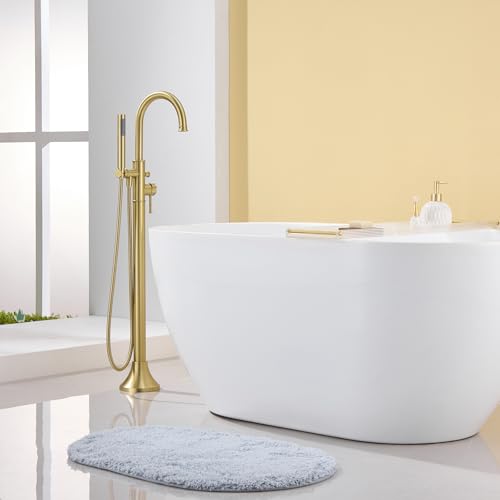 Wowkk Free Standing Tub Faucet Brushed Gold Freestanding Bathtub Faucet Floor Mount Brass Bathroom Tub Filler with Hand Shower - color: Brushed Gold, style: Modern