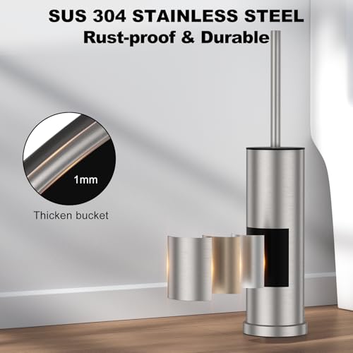 Stain Nickel Toilet Brush and Holder Set，Stainless Steel Heavy Duty Toilet Bowl Brush，Extra Long Handled Modern Toilet Cleaner Brush with Replaceable Head, Removable Inner Bowl, and Splash Protection
