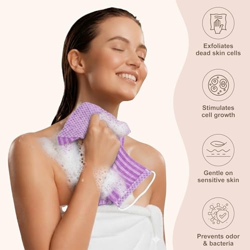 Yiclick Dual-Textured Exfoliating Washcloth Towel - Back Scrubber for Use in Shower Bath, Exfoliating Body Scrubber Exfoliator, Japanese Exfoliate Loofah Lufa Sponge Wash Cloth for Women Men - color: Lavender