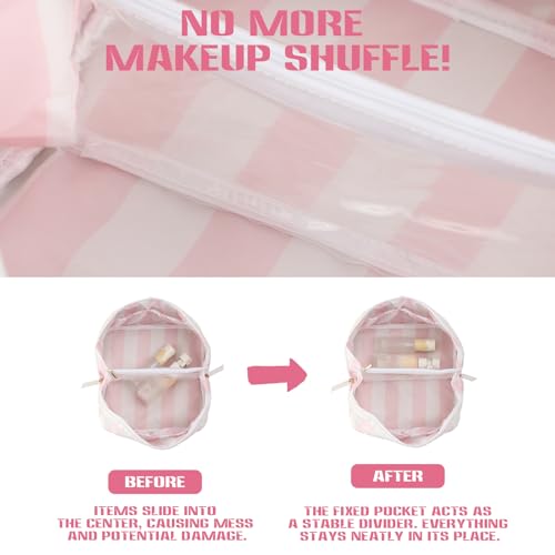 DYSHAYEN Stripe Travel Makeup Bag with Compartments Clear Coated Cosmetic Bag for Women, Waterproof Portable Open Flat Toiletry bag （White-Pink） - color: White-Pink