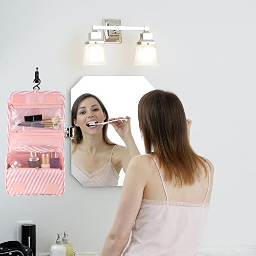 Pengxiaomei Hanging Toiletry Bag, Pink Striped Waterproof Cosmetic Bag Portable Makeup Pouch Pink Stripe Travel Bag with Handle for Kids Teen Girls Tea Party - color: Pink