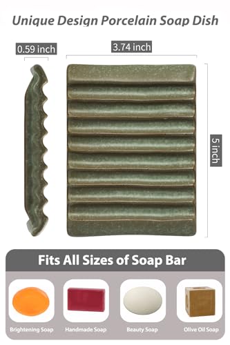 Zoeeker Soap Dish, Ceramic Soap Holder Bar Soap Saver Non-Slip Bathroom Accessories for Sponges, Scrubber, Razor, Green - color: Green, size: Wave